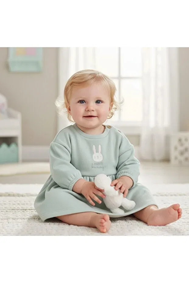 Детское платье для девочек с длинным рукавом Tavşanlı winter baby girl dress Seabubbles, Green — фото 3