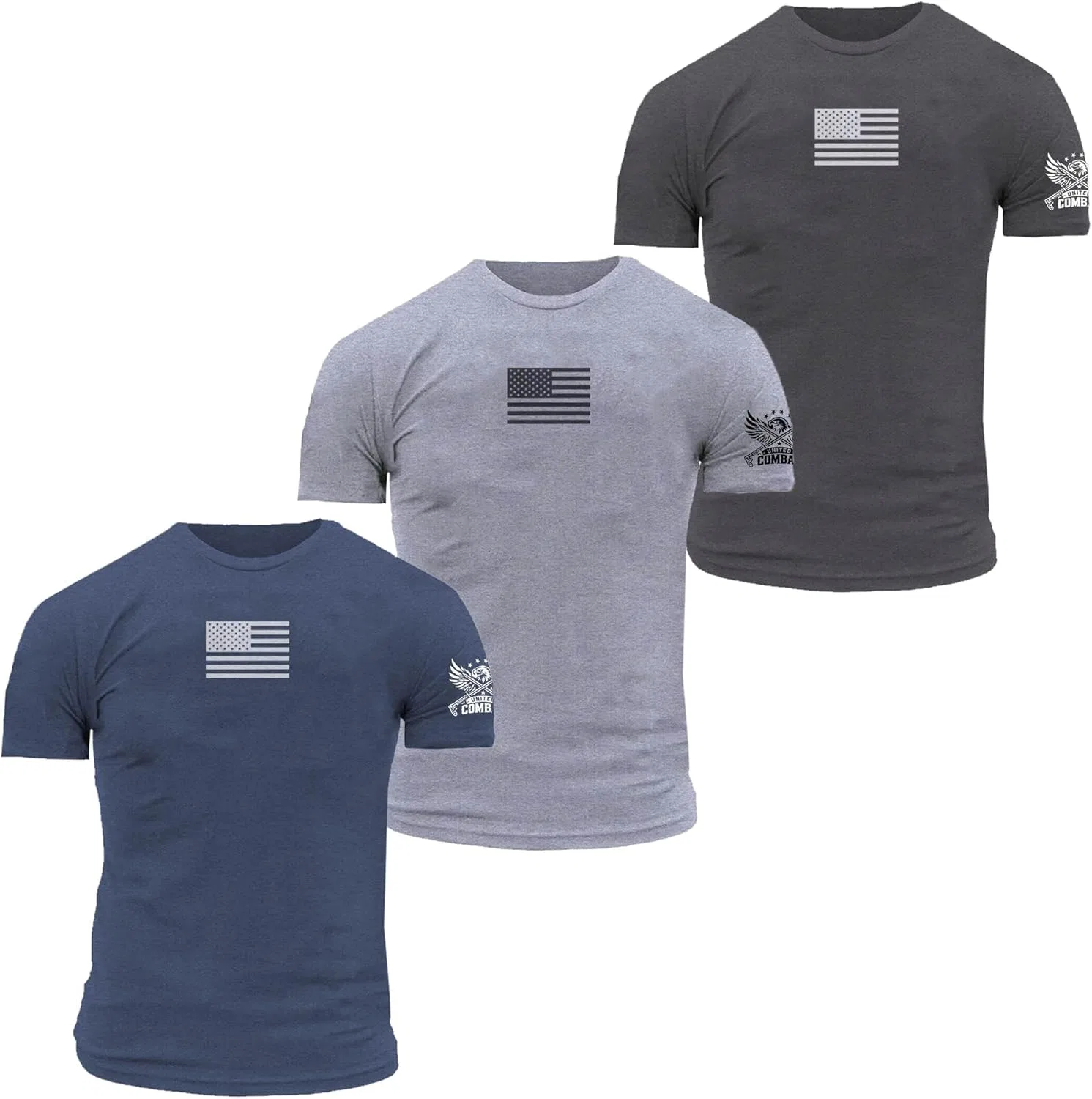 Мужская футболка с американским флагом United Combat, Heritage Pack -3 Pack (Navy Blue, Heather Grey, Charcoal)