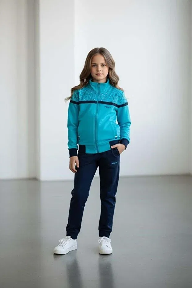Детский спортивный комплект для девочек на молнии с принтом Sportswear Piyera, Turquoise — фото 4