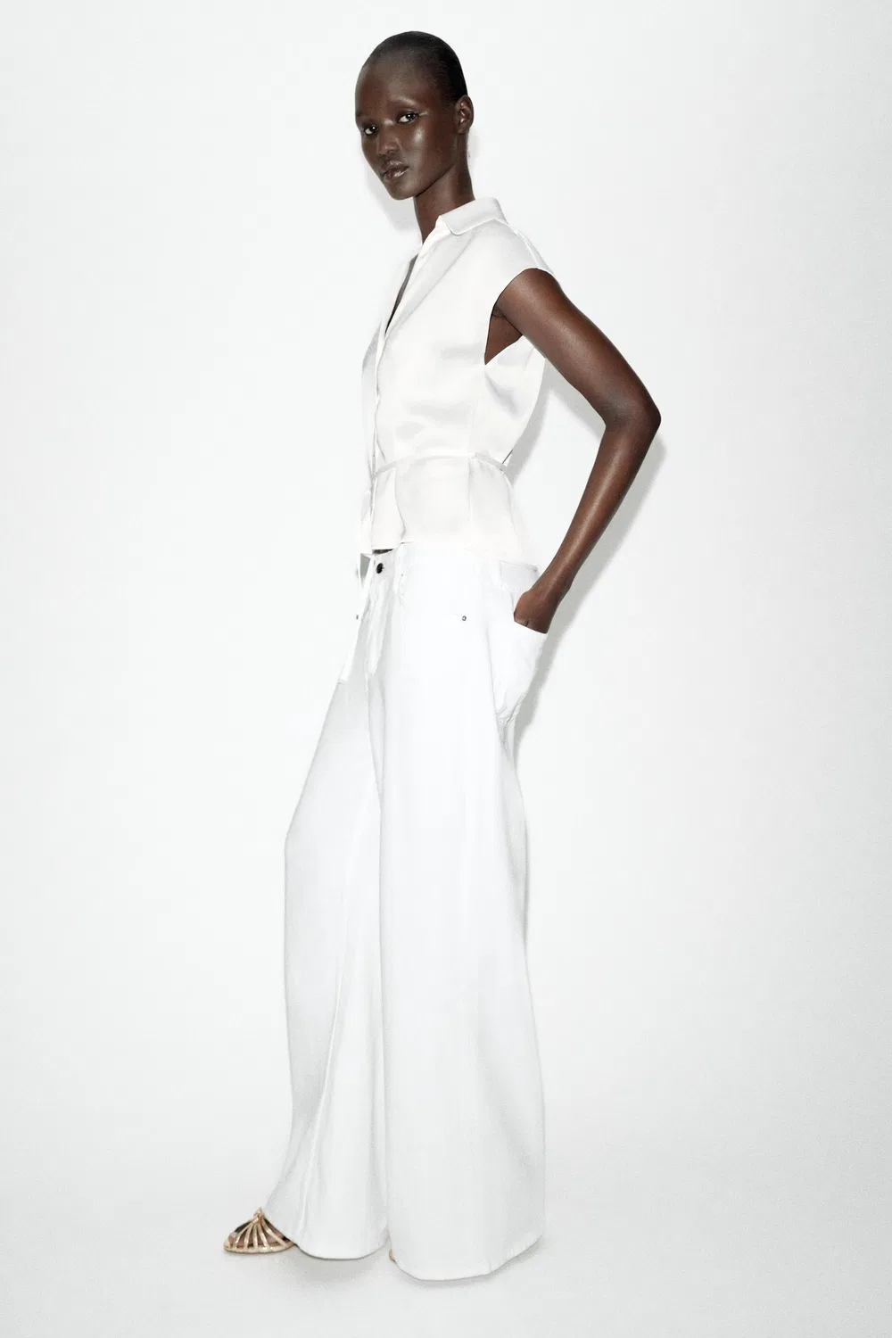 Атласная рубашка с короткими рукавами и поясом ZARA, White — фото 3
