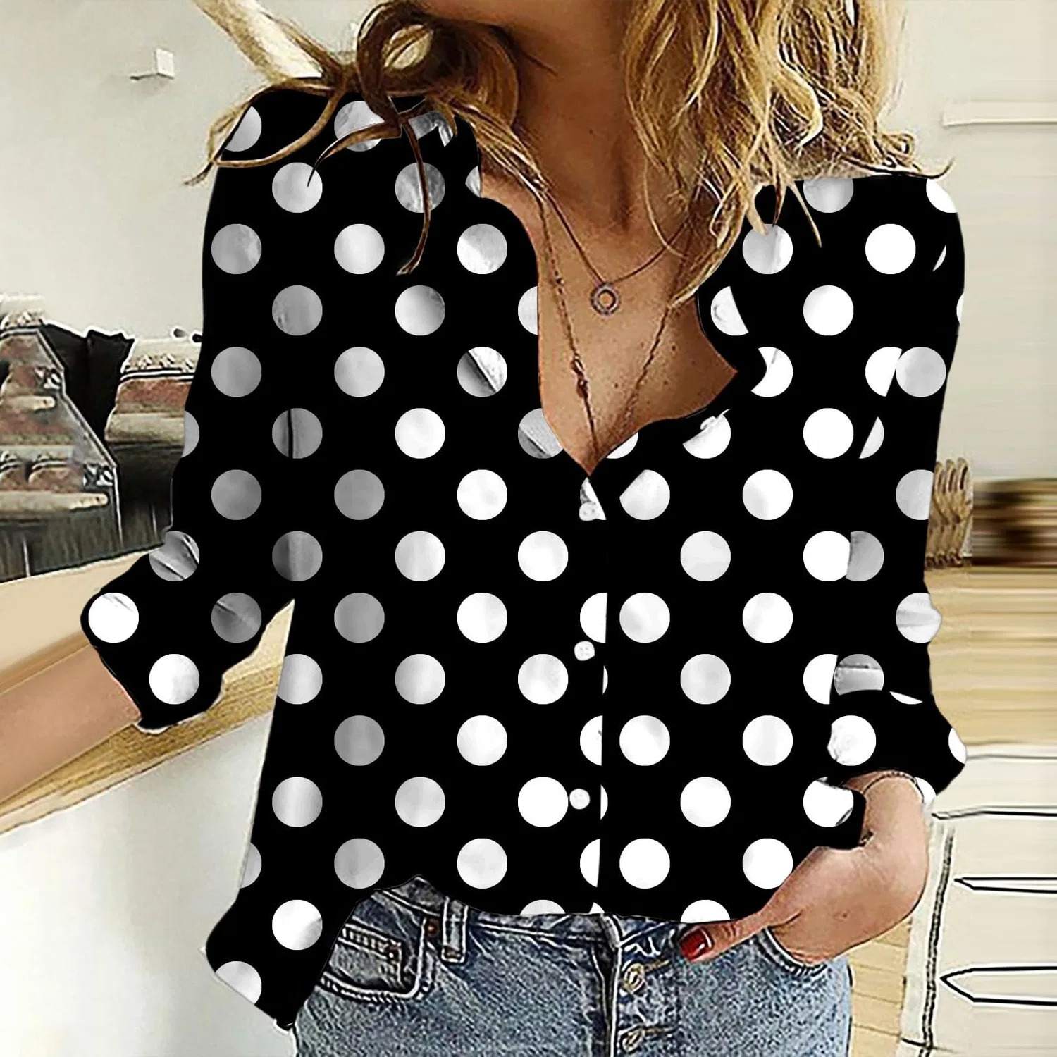 Женская блуза с V-образным вырезом, с принтом в горошек, Women Button Blouses V Neck Classic Polka Dot Collar Casual Long Sleeve Tops, Black — фото 3