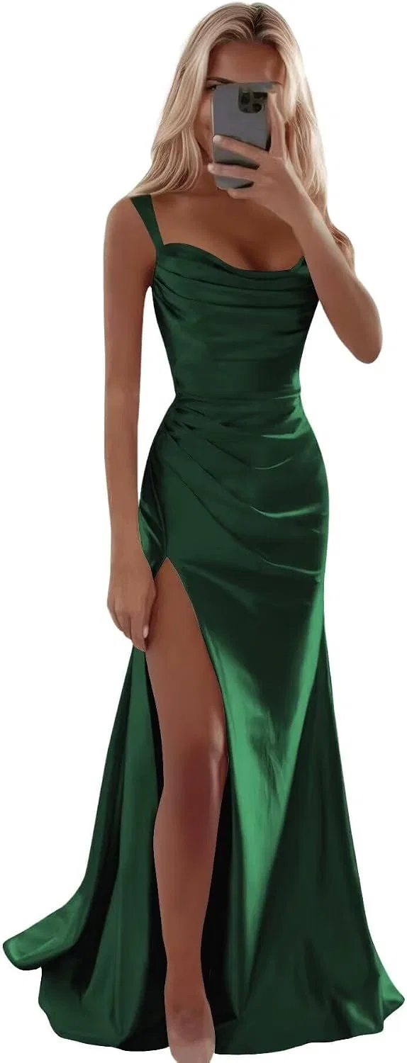 Женское вечернее платье с разрезом, ковл-горловиной LA82, Emerald Green