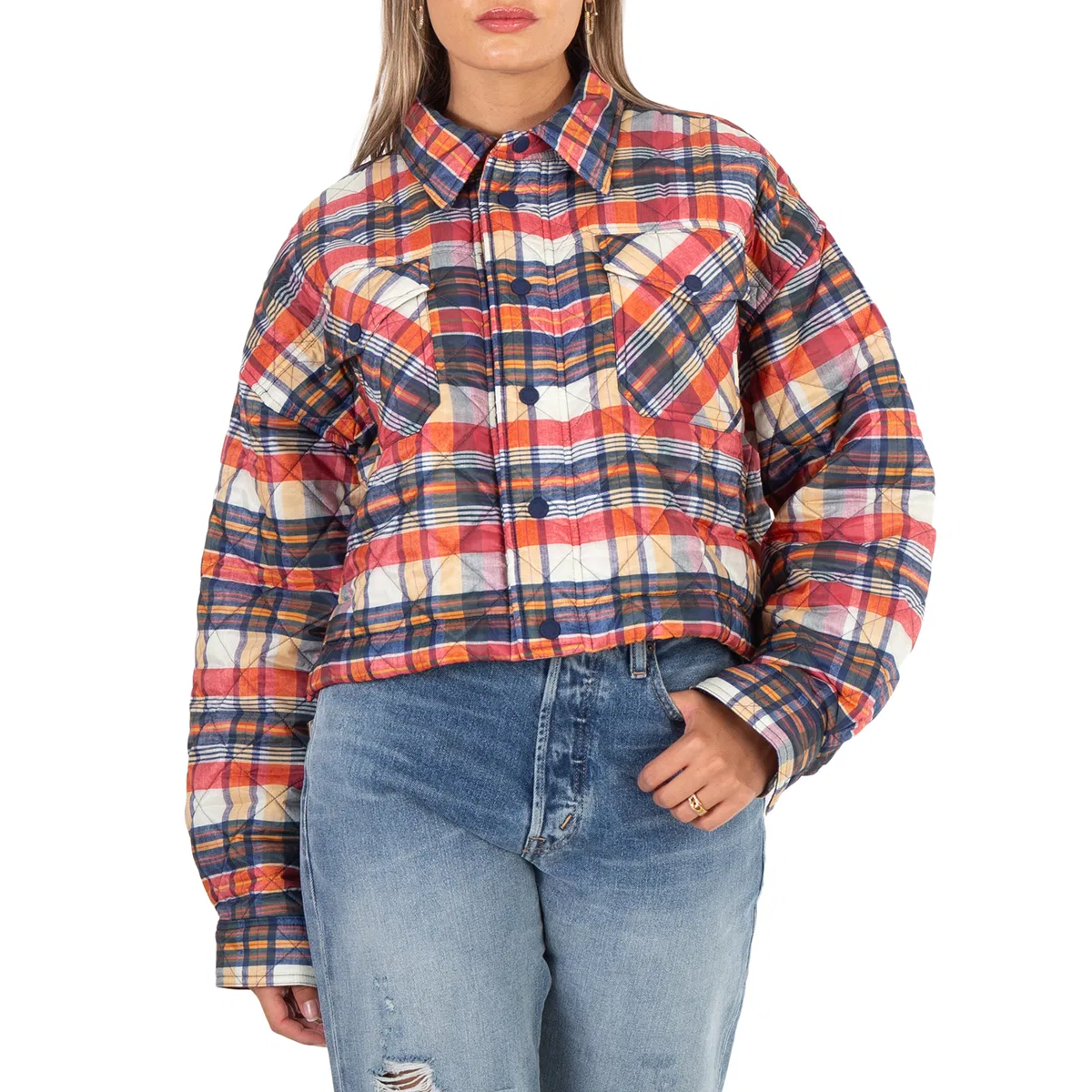 Куртка-бомбер стеганая в клетку Quilted Check Cropped Shell Jacket Polo Ralph Lauren, Blue/Red/Gold Multi
