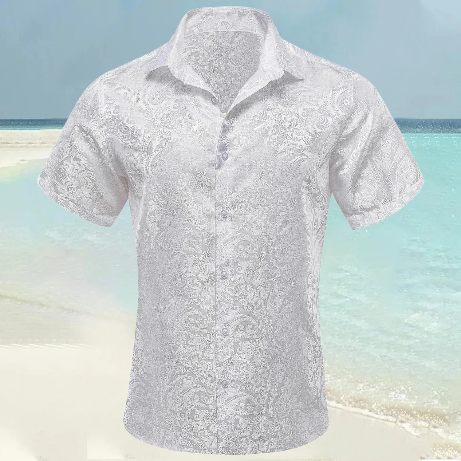 Мужская рубашка с коротким рукавом с принтом Paisley Shiny Satin Baroque Design, White — фото 2