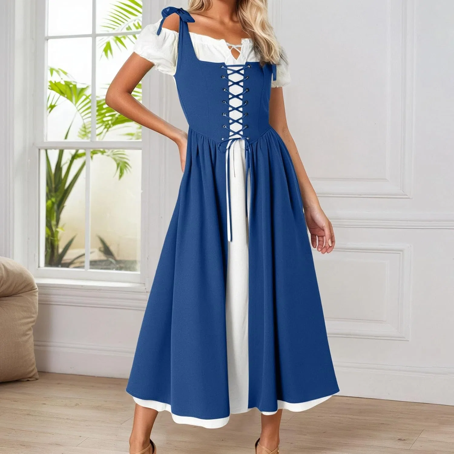 Женское макси-платье со шнуровкой и коротким рукавом, Blue — фото 3