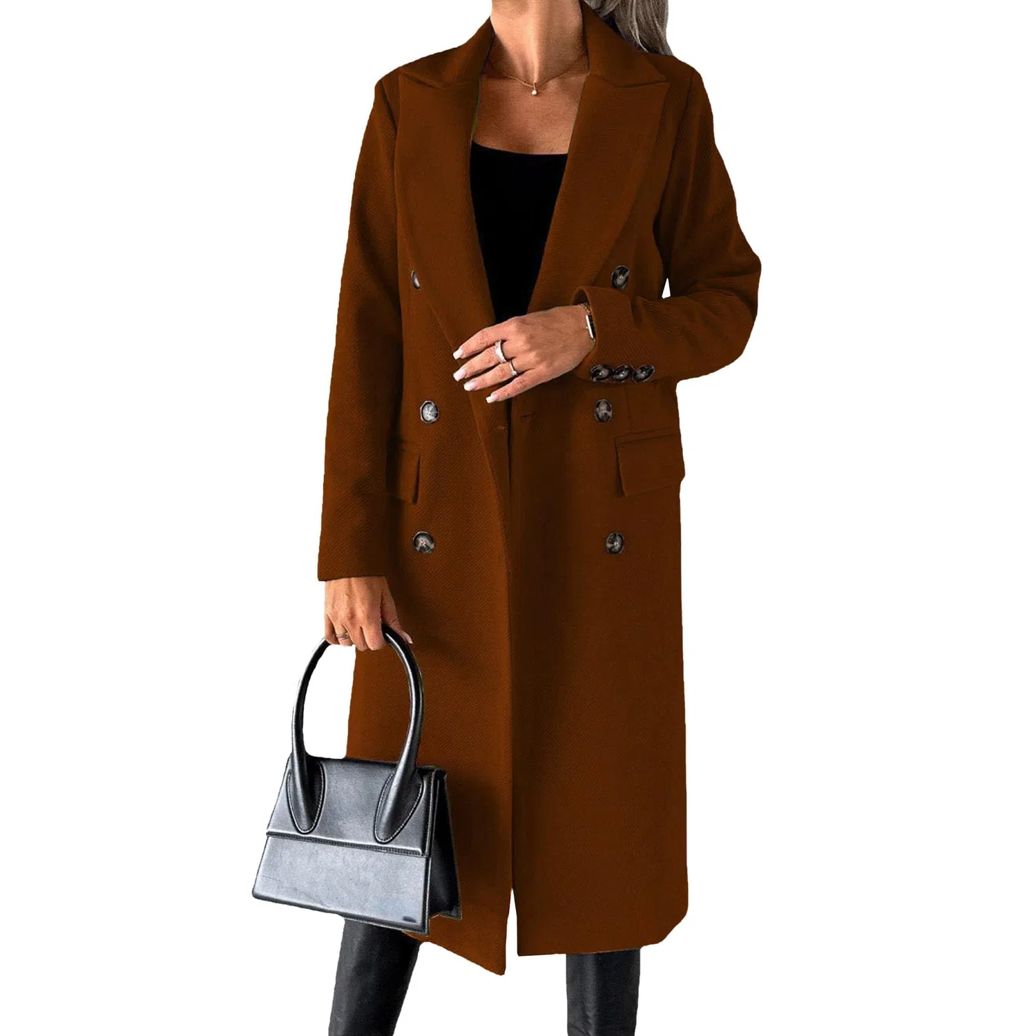 Женское зимнее двубортное пальто с лацканами, dark brown