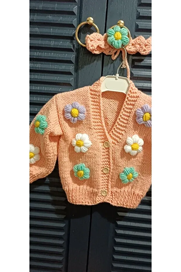 Детский кардиган для девочек с цветочным принтом Hand knitted floral baby cardigan El Örgüsü Cici Bebe, Puppy'S Paw — фото 4