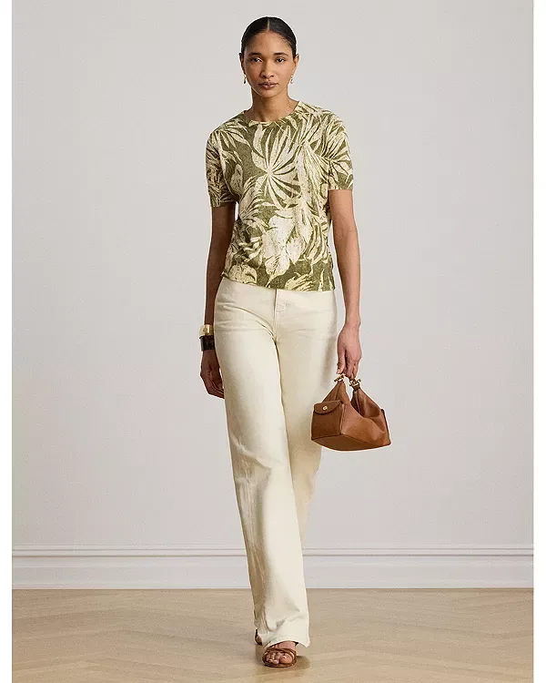 Женский свитер с принтом Palm Frond Print Short Sleeve Sweater Ralph Lauren, Farm Olive — фото 2