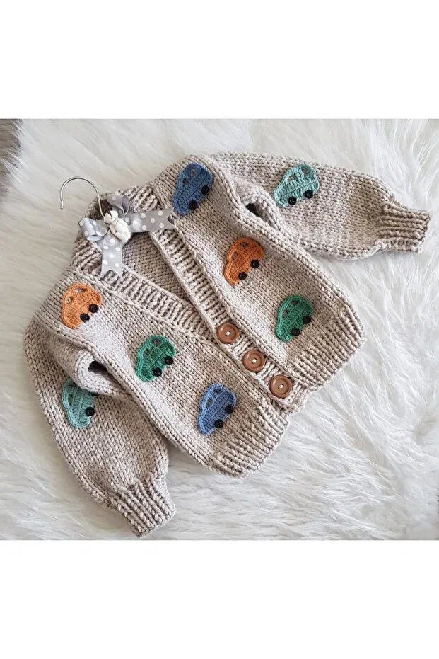 Детский кардиган с длинным рукавом Hand knitted car-themed baby kids cardigan El Örgüsü, Beige