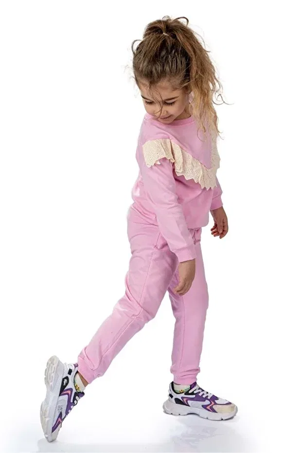 Детский комплект спортивного костюма для девочек Scalloped Crew Neck Two Thread Girls Tracksuit Set Mnk Baby&Kids, Pink — фото 2
