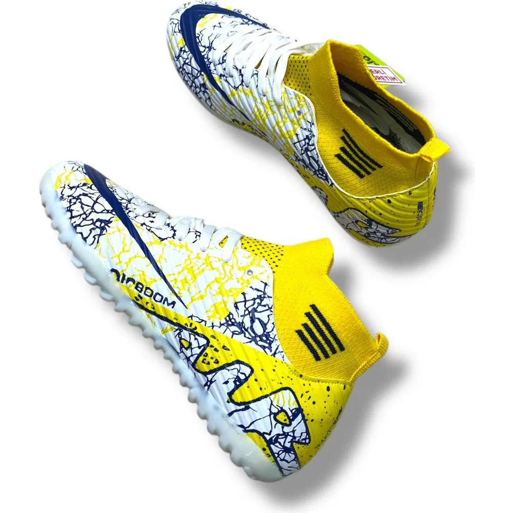 Детские футзальные кроссовки с носком, искусственная кожа, White Yellow Navy Pattern Laliga — фото 3