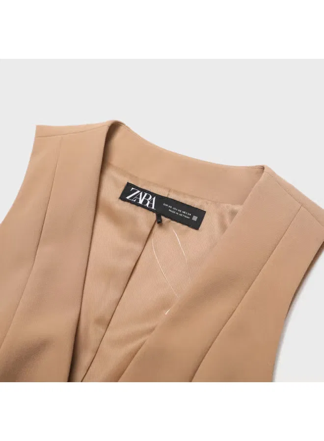 Жилет деловой минималистичный с V-образным вырезом Zara, светло-коричневый — фото 4