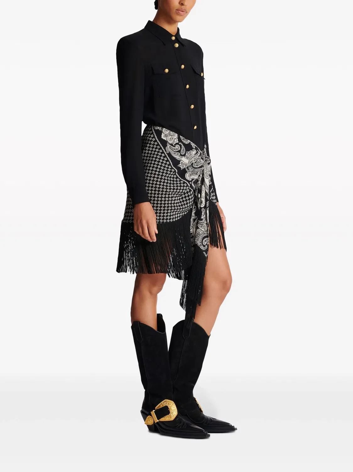 Мини-юбка из шелка с бахромой и принтом пейсли Balmain, черный — фото 4