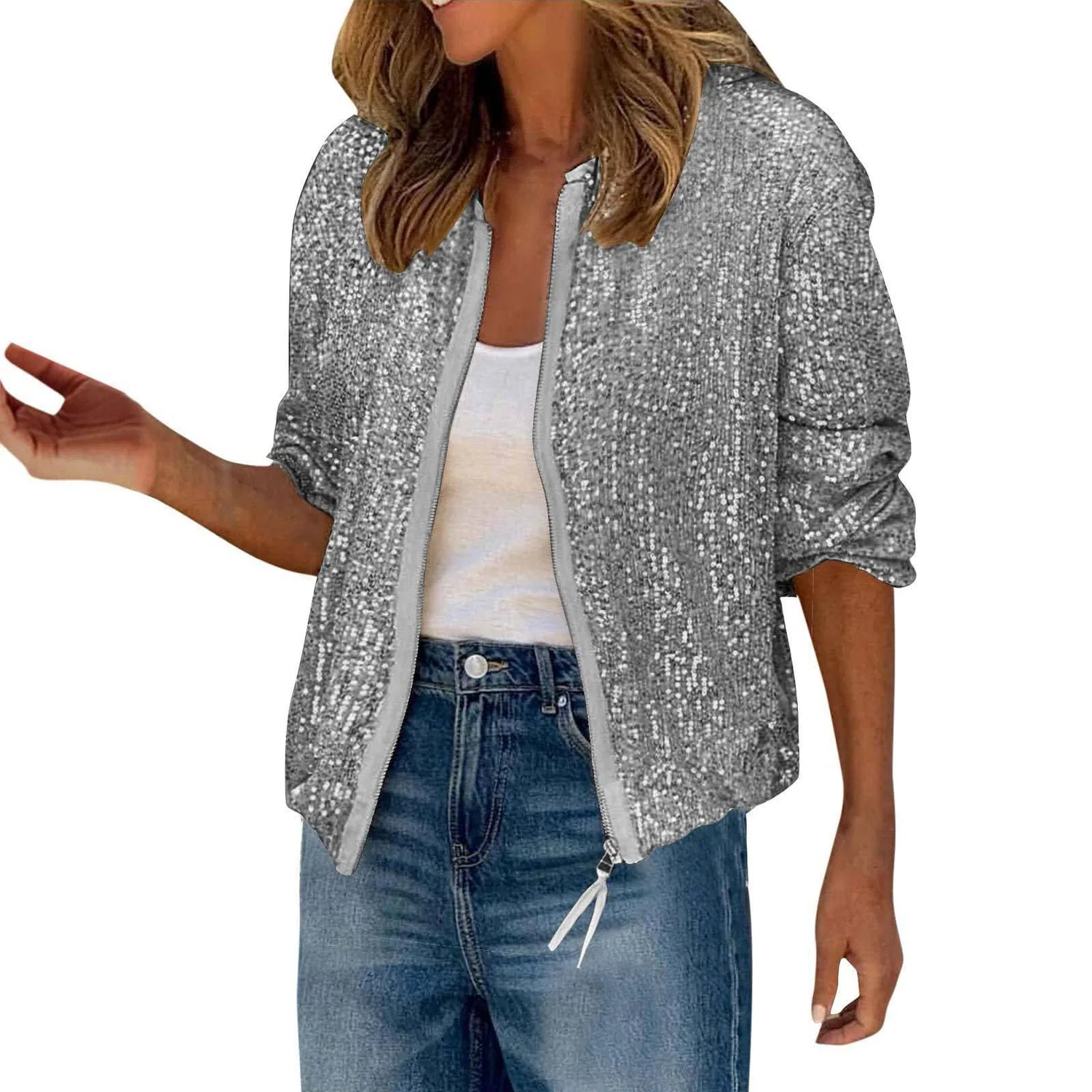 Женская куртка-бомбер с пайетками Sparkly Zipper, grey