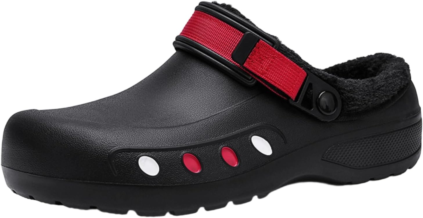 

Теплые кухонные сабо YUKTOPA с подкладкой из искусственного меха - нескользящая легкая обувь без шнурков для мужчин и женщин, масло- и водостойкие, для дома и кухни, красный