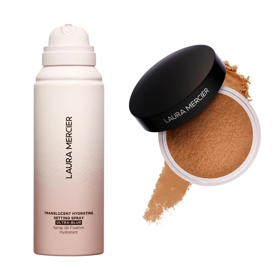 Laura Mercier Translucent Loose Setting Powder в оттенке Medium Deep и Hydrating Setting Spray Ultra-Blur, 24-часовой контроль сияния, с гиалуроновой кислотой, набор, white