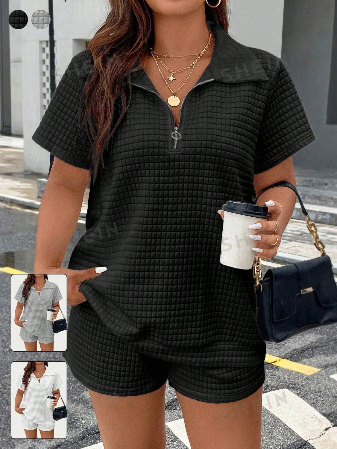 

Essnce Plus Size Женский комплект из топа и брюк на молнии Shein, черный