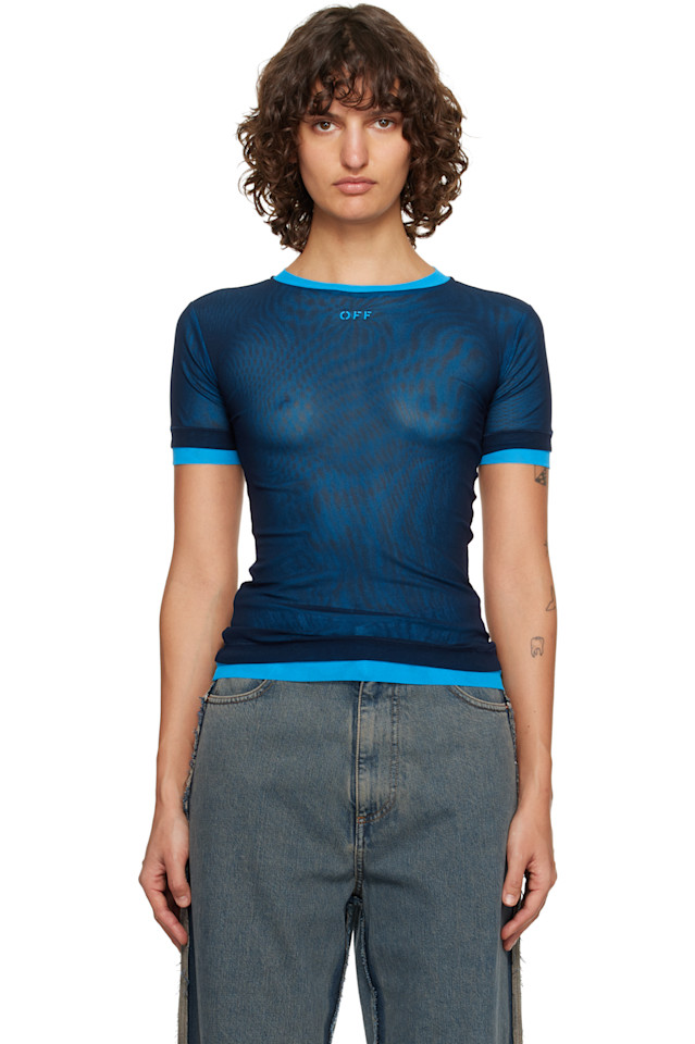

Off-White Двухслойная сетчатая футболка темно-синего и синего цвета