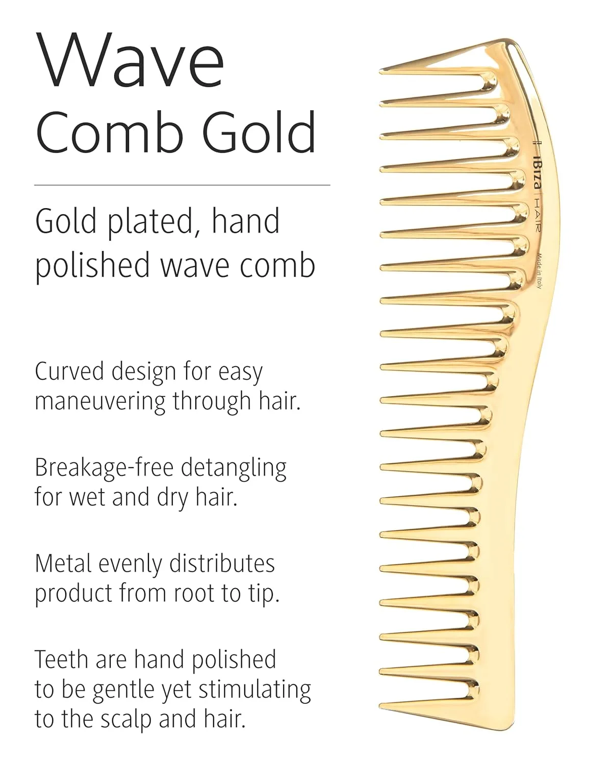 Расческа для волос Ibiza Hair Professional Wave Detangling Comb (Gold) с широкими зубьями для сохранения завитков, безболезненная, термостойкая, Gold — фото 3