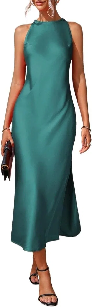 Женское сатиновое длинное платье без спинки, Teal Blue