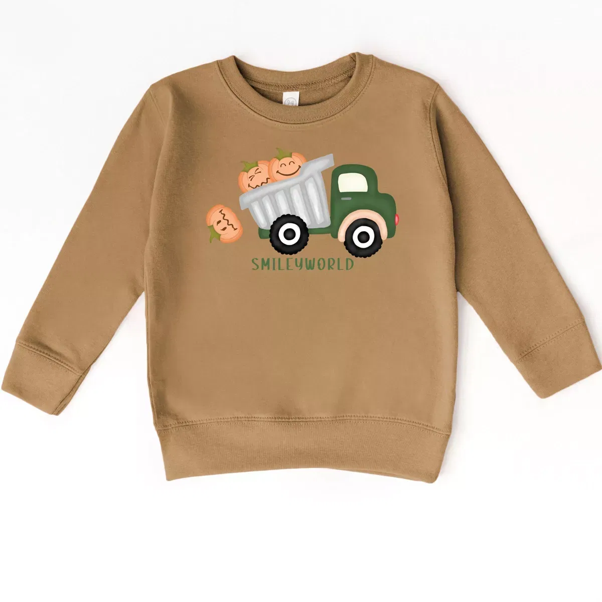 Детский свитшот для девочек с принтом SmileyWorld Dump Truck Pumpkins The Juniper Shop, Camel — фото 2