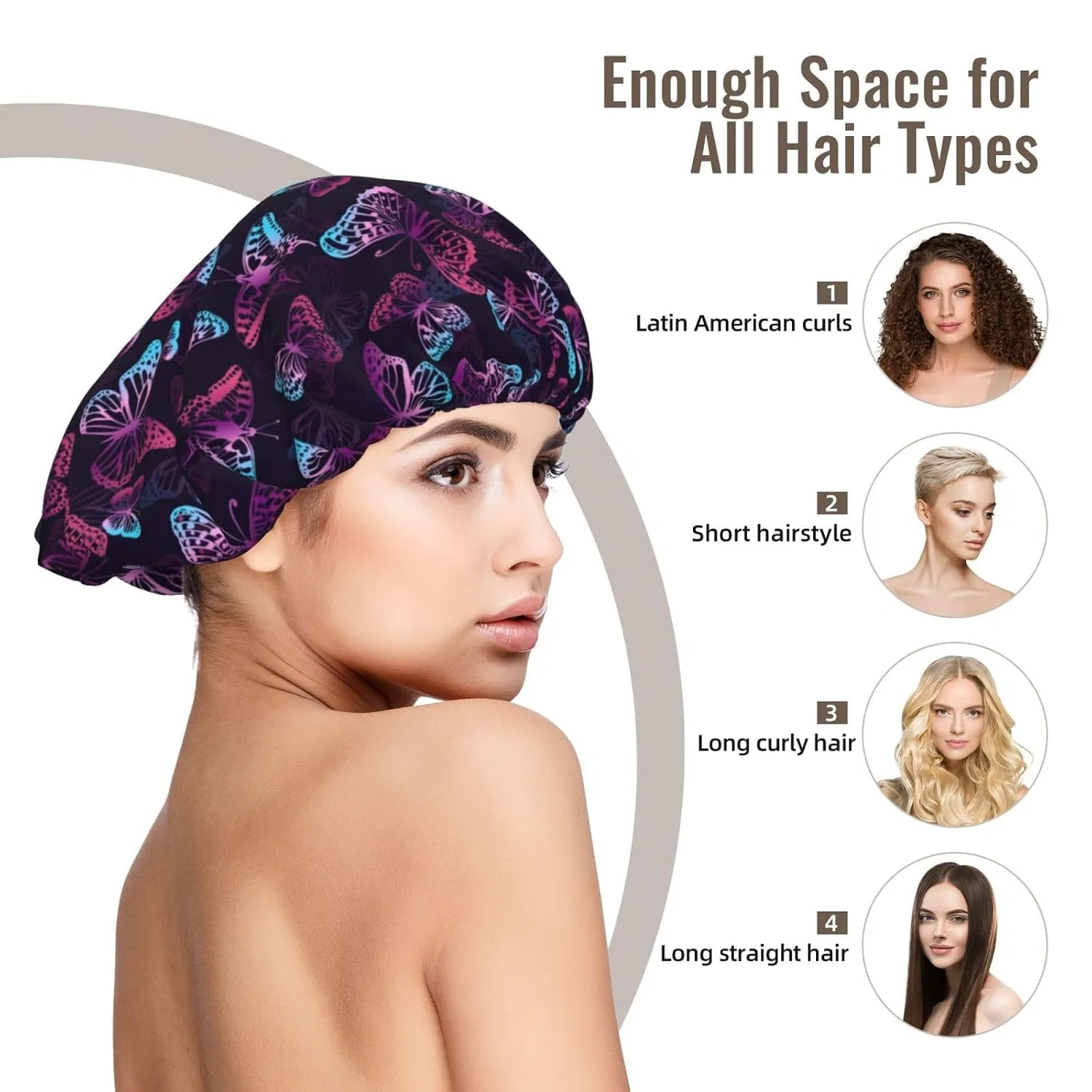 Шапочка для душа Satin Bonnet, Double Layer, Kuilepa, 1 шт, 33 см, Purple Butterfly — фото 3