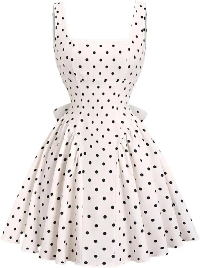 Женское повседневное платье мини A-силуэта с квадратным вырезом Polka Dot, Black and White