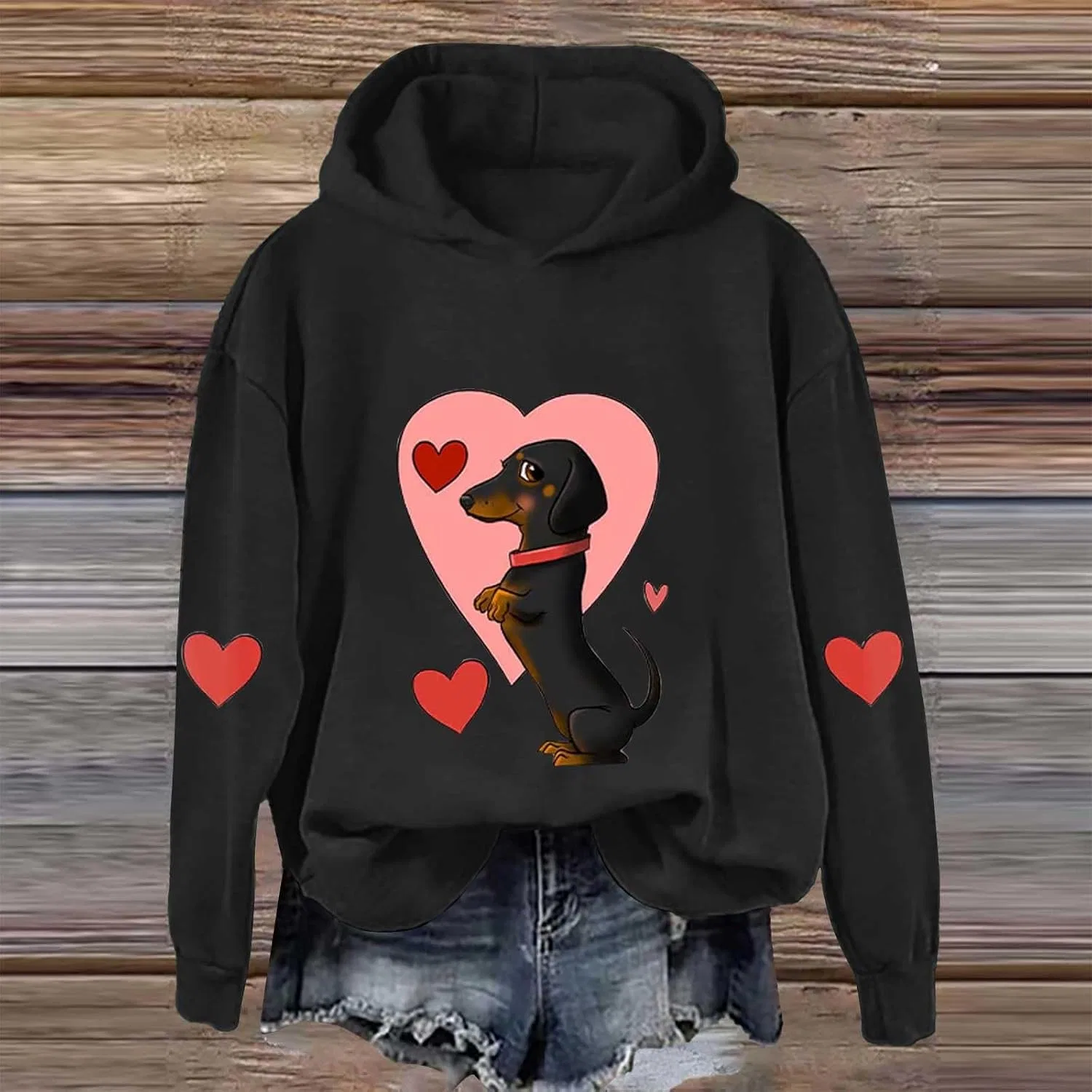 Женский свитшот с принтом дог-лав, Funny Dog and Love Print, чёрный — фото 2