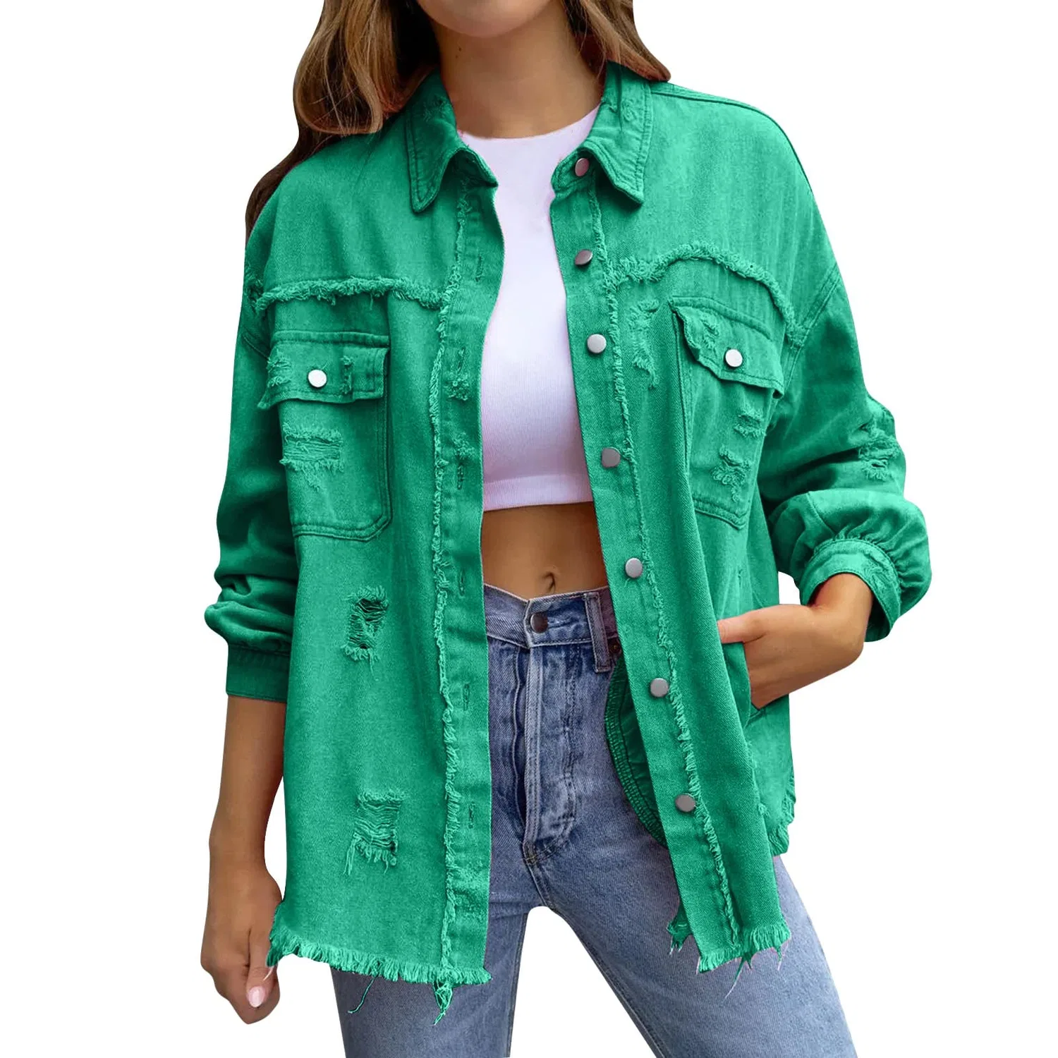 Женская джинсовая куртка с бахромой Oversized Boyfriend Y2k Streetwear, Lake Green