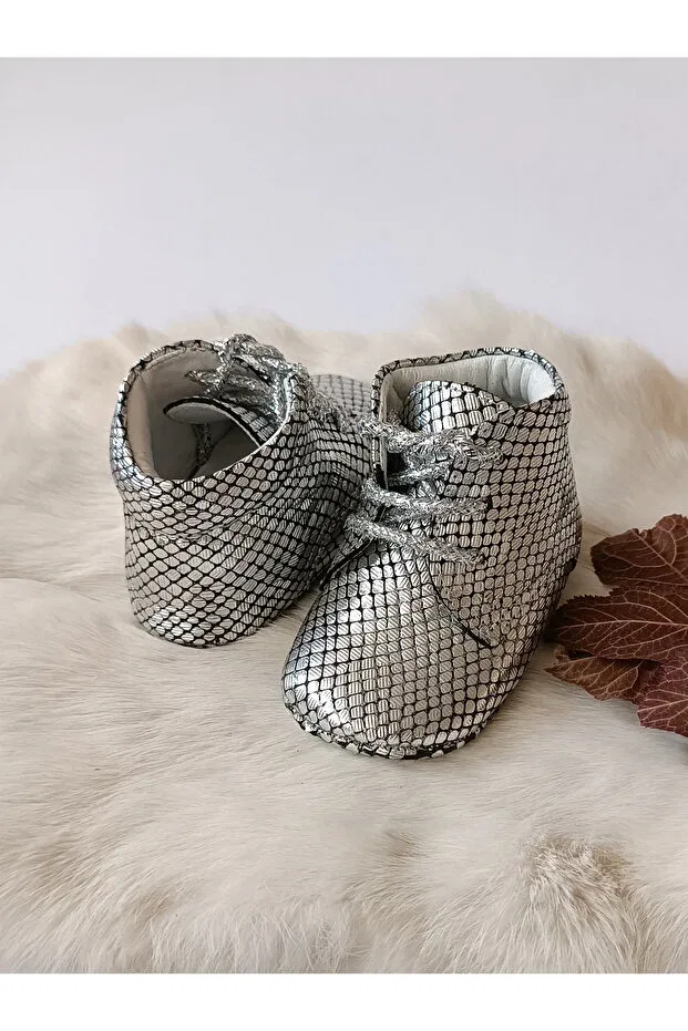 Детские пинетки для девочек из натуральной кожи Silver printed genuine leather baby booties Hodore, Silver Printed — фото 2