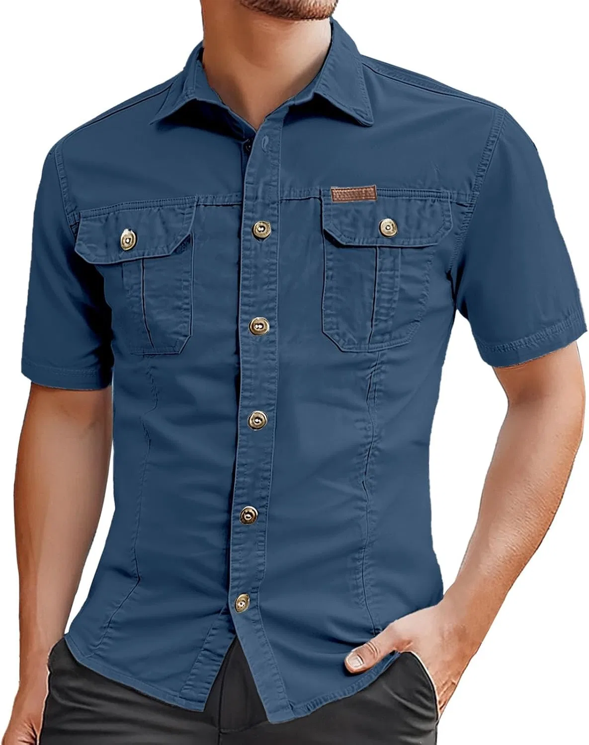 Мужская рубашка-карго с коротким рукавом, на пуговицах, для рыбалки, Cargo Shirt, тёмно-синий
