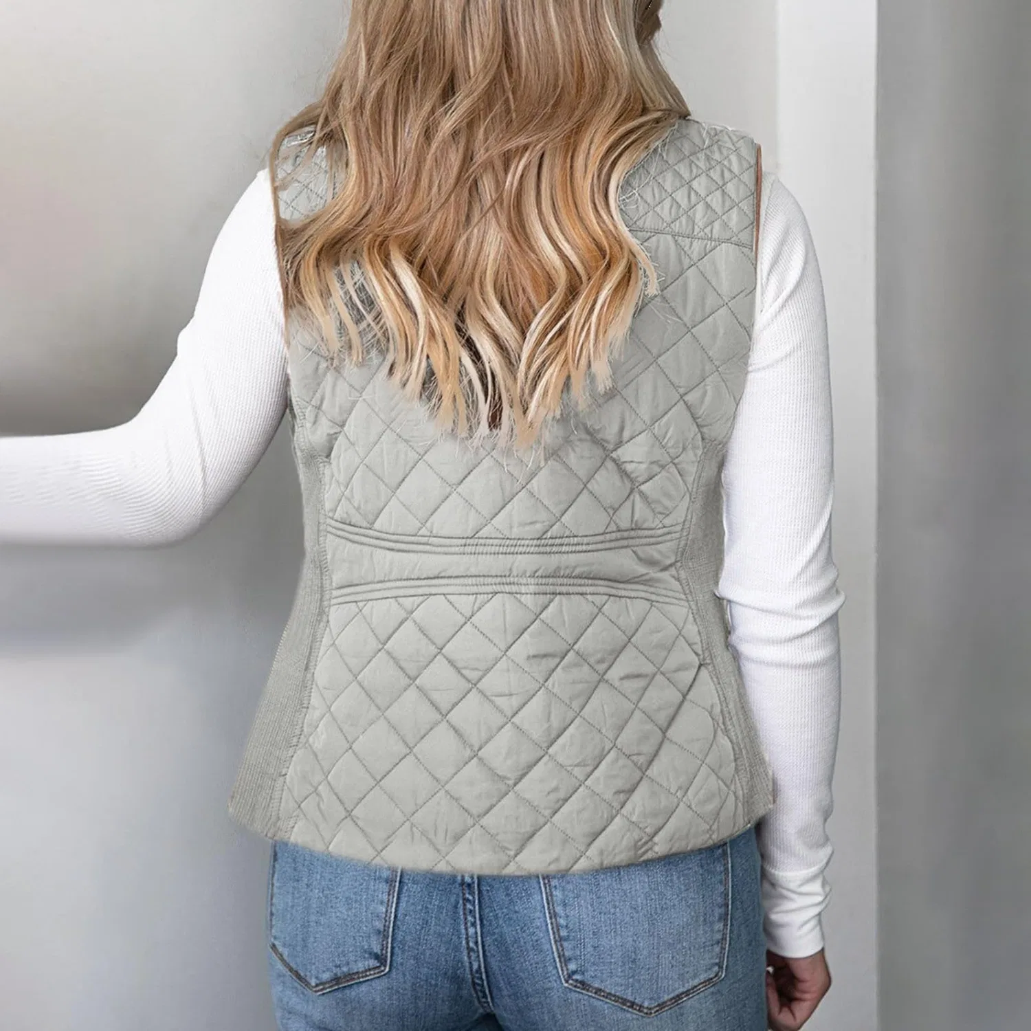 Женский жилет с принтом Attumn Winter Solid Composite Zipper Vest Jacket Sleeveless with Pocket Spring Jackets, Grey — фото 3