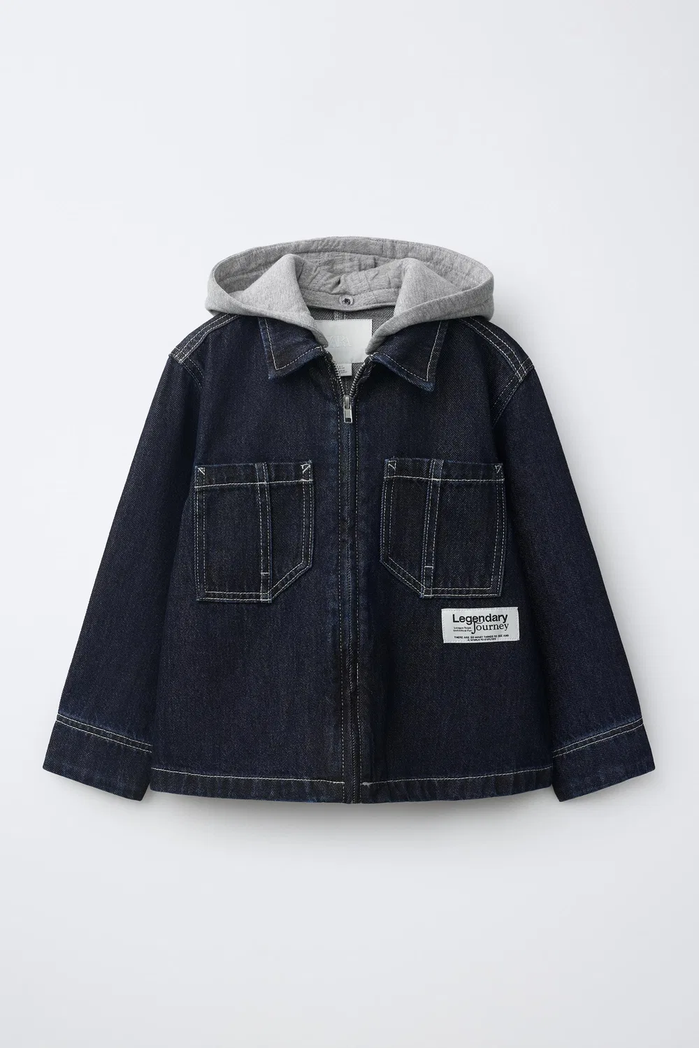 Джинсовая рубашка-куртка со съемным флисовым капюшоном ZARA, Indigo
