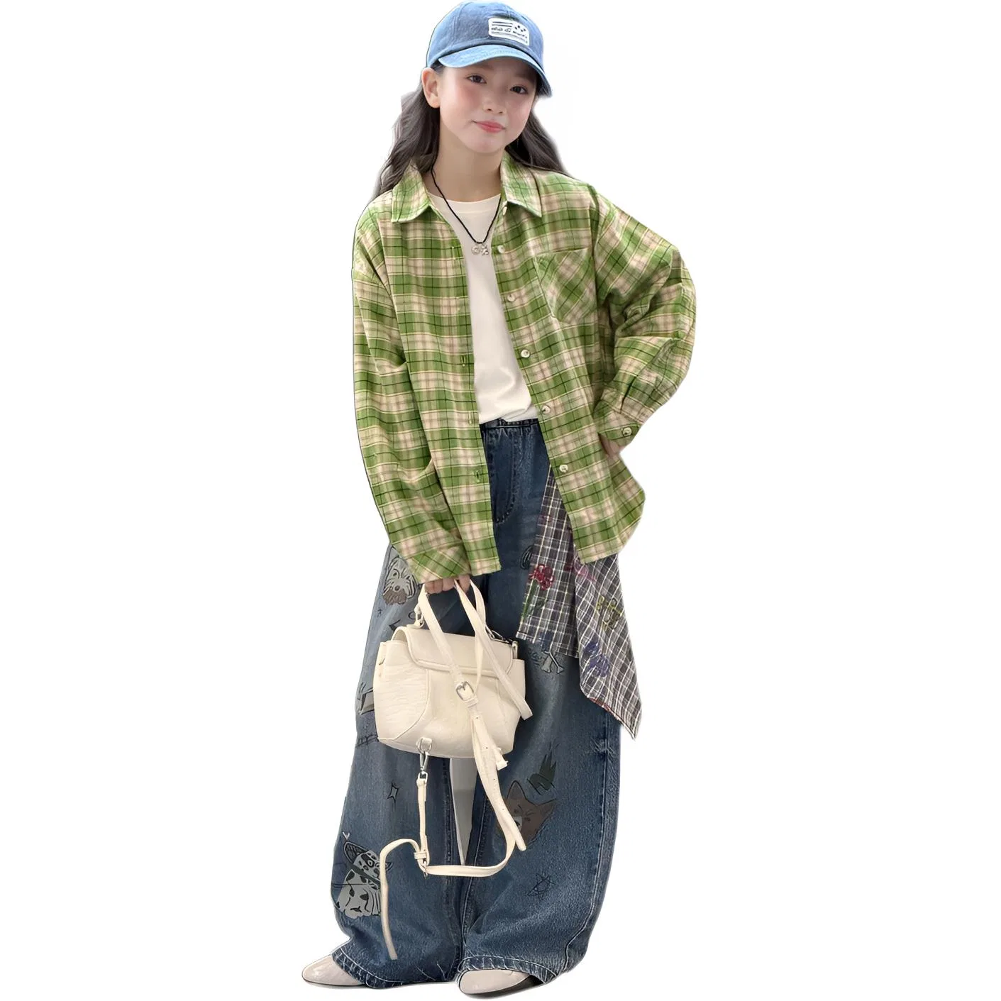 Детский комплект из рубашки и джинсов с цветочным принтом, модель Green Plaid Shirt+Floral Jeans, MADALLO, Green Plaid Shirt+Floral Jeans