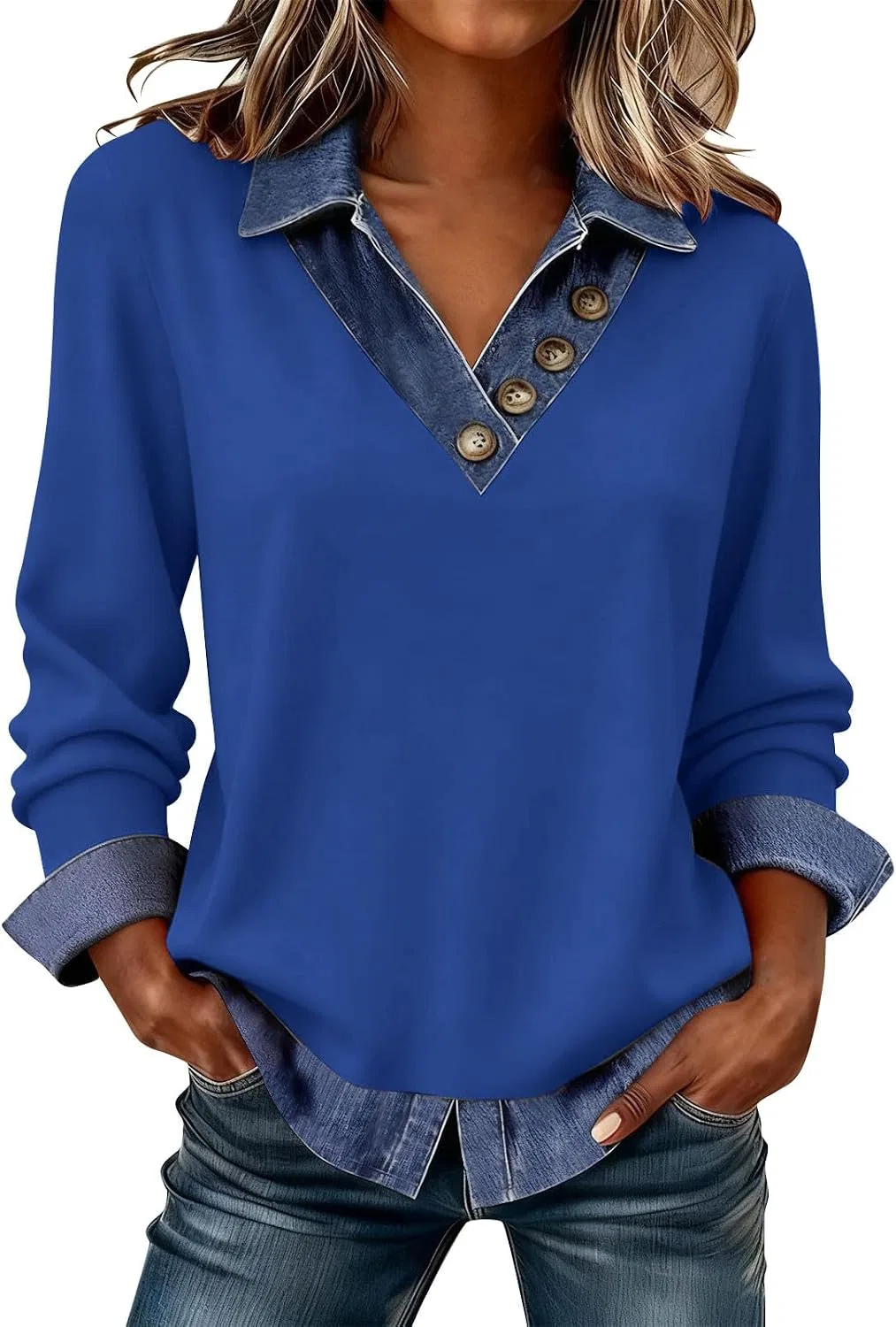 Женский свитшот с джинсовыми вставками, модель Denim Patchwork, синий