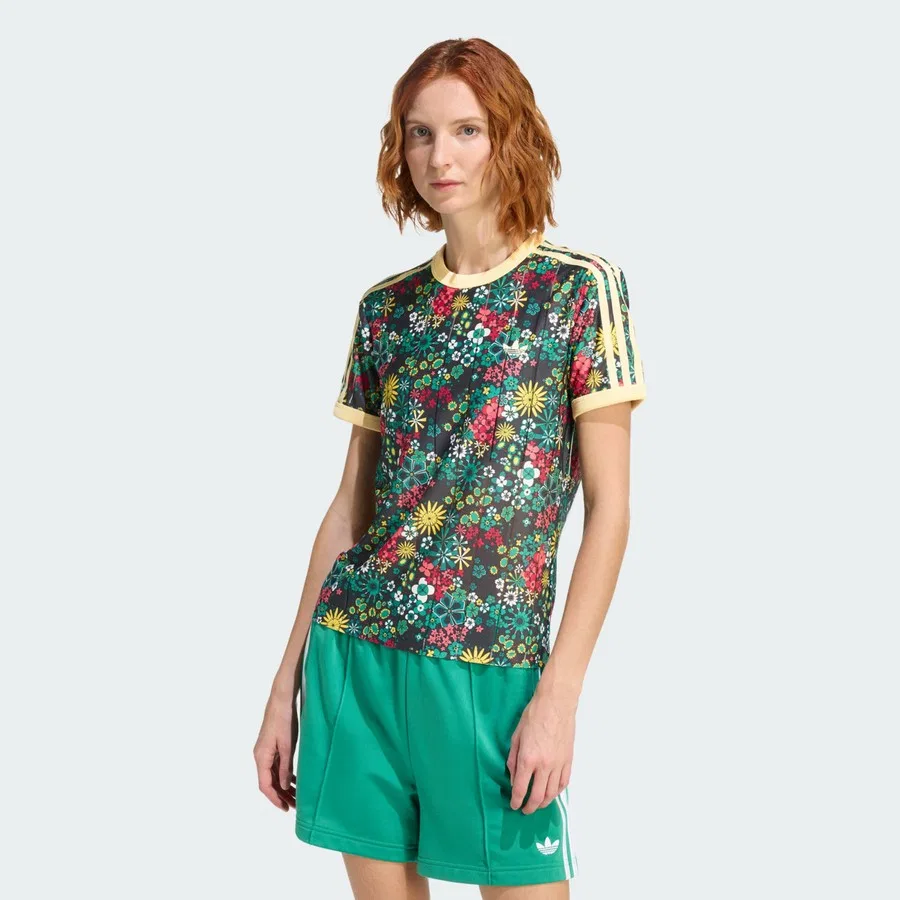 Футболка с длинным рукавом, с принтом, adidas Originals x Liberty London 3 Stripes, adidas, Черно-зеленый
