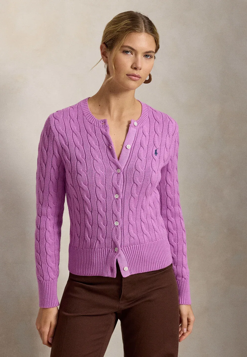 Хлопковый кардиган с круглым вырезом и косами - кардиган Polo Ralph Lauren, Thistle Pink