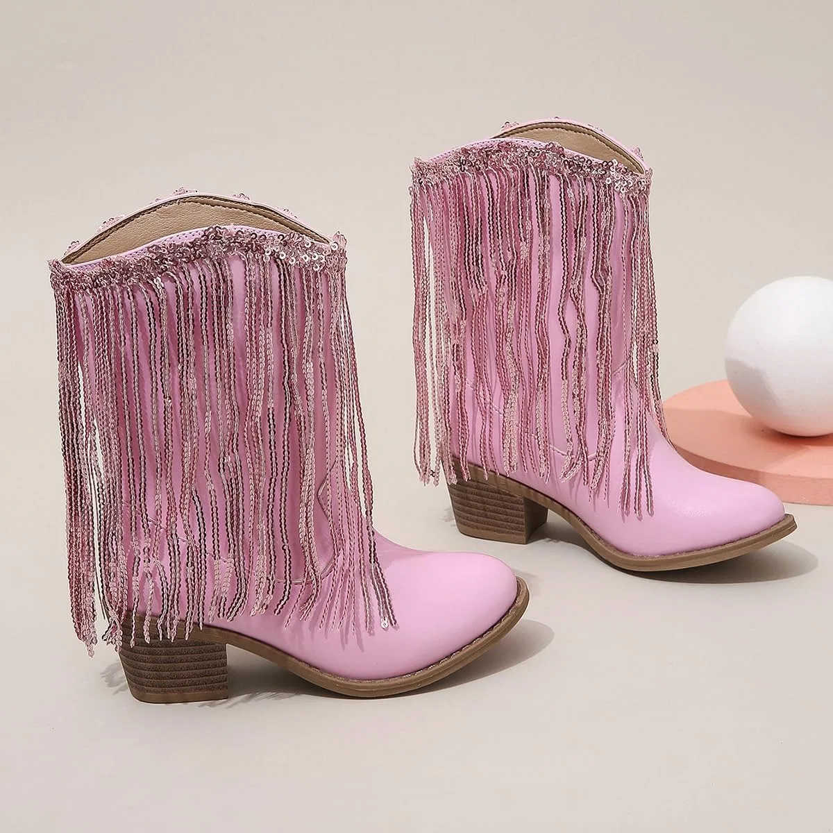 Детские зимние сапоги для девочек с кисточками и пайетками Princess Boots Auhoho, Light Pink — фото 2