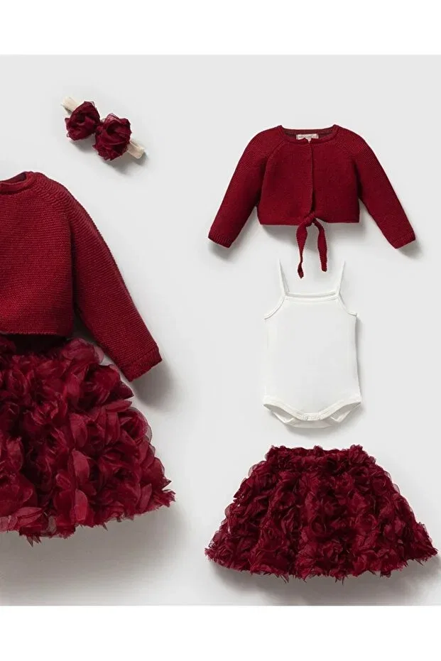 Детский комплект для девочек вязаный с принтом Rosalinda knit cardigan with rose skirt 4-piece organic baby girl set Mert Baby, Burgundy — фото 4