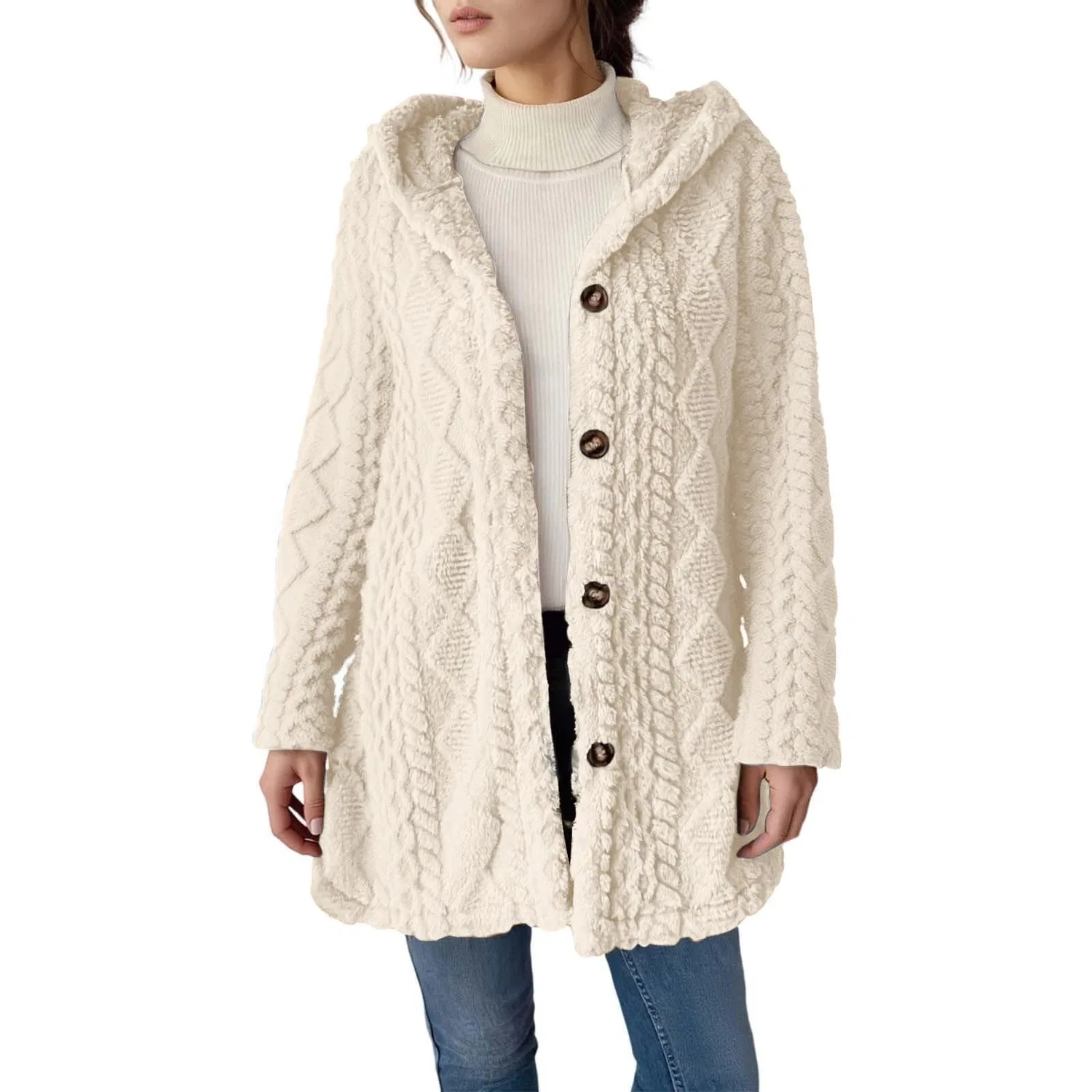 Женский утепленный кардиган с капюшоном и мехом, модель Fluffy Thick Hooded Cardigan, Beige