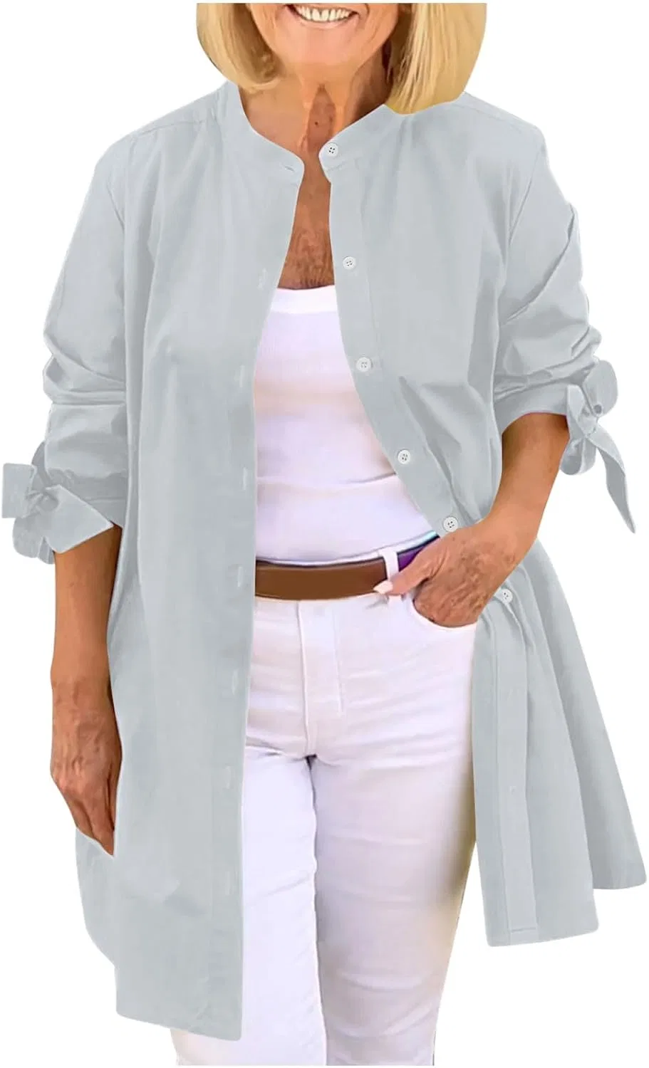 Женский кардиган Oversized Button Down Shirts, с длинным рукавом, с открытым передом, с воротником-стойкой, с принтом, серый — фото 3