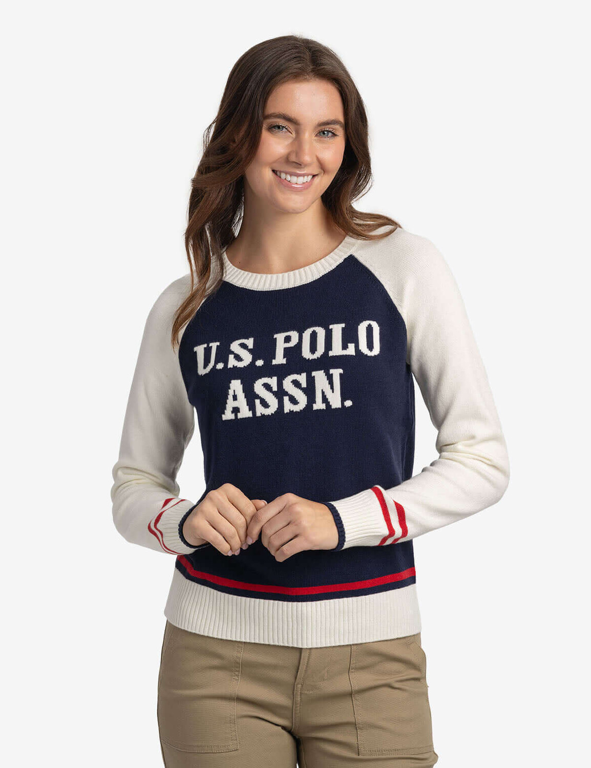 

Свитер U.S. Polo Assn. Raglan Sleeve Baseball Crew Neck, белый/темно-синий