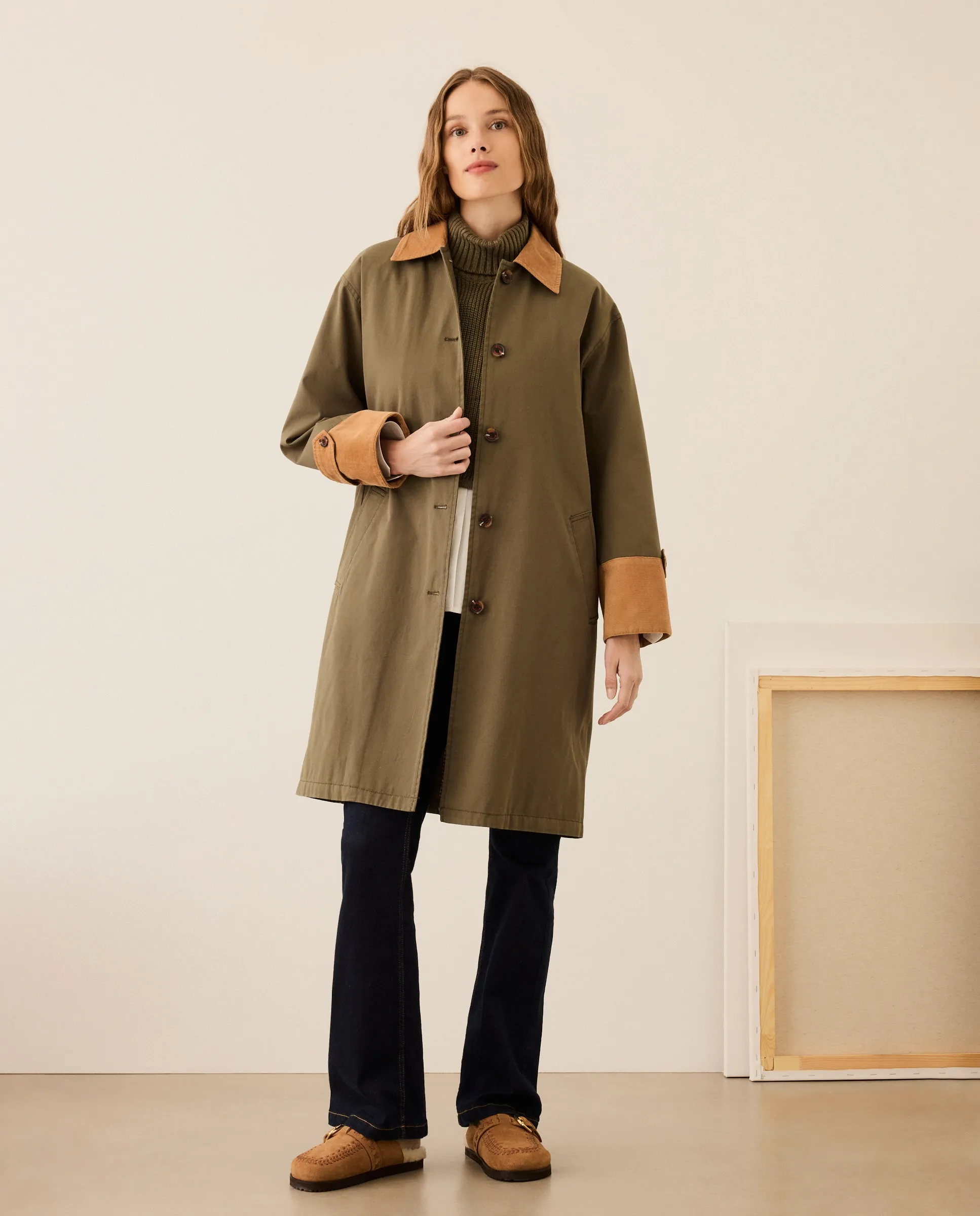 

Длинная хлопковая парка с деталями из вельвета Stella Rittwagen, темно-зеленый