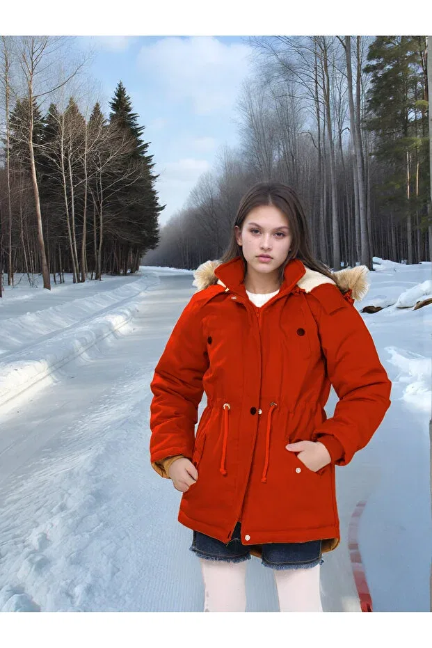 Детское пальто для девочек с капюшоном Waterproof coat with fur inside Joui Co, Tile — фото 4