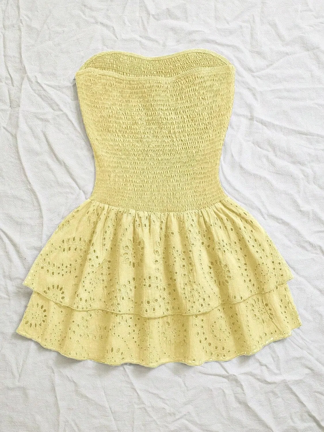 Женское короткое платье A-силуэта с ярусными слоями для отпуска, Yellow — фото 2