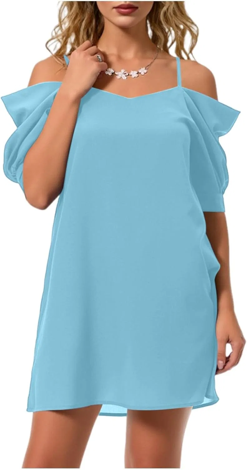 Женское летнее платье свободного кроя Off Shoulder, Light Blue — фото 2