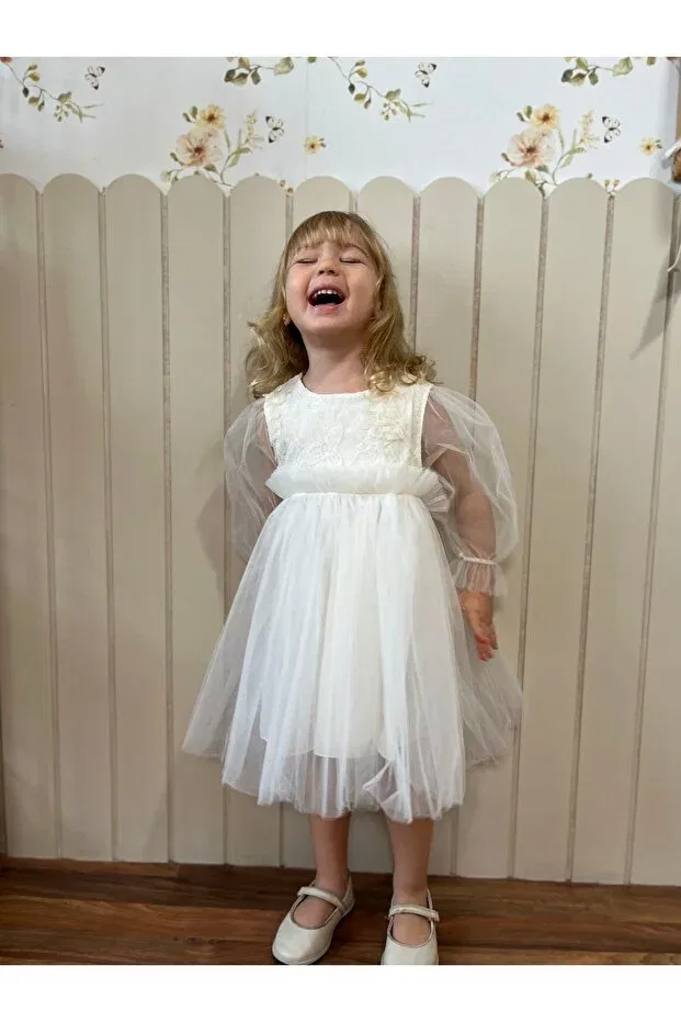 Детское платье для девочек с длинным рукавом White flower girl dress Ministok, Ecru — фото 4