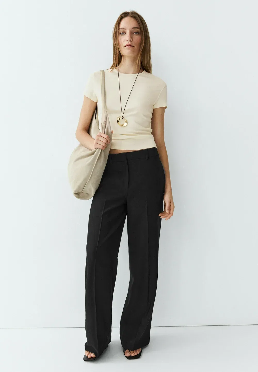 Футболка с коротким рукавом из смесовой хлопковой ткани - базовая футболка Massimo Dutti, Sand — фото 3