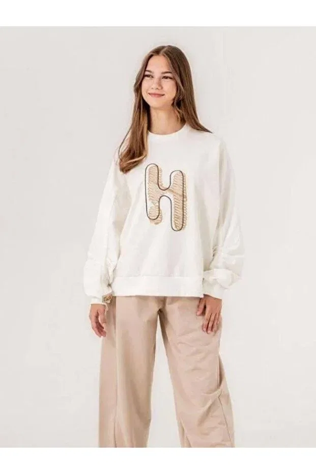 Детские свитшот для девочек с вышивкой Zekids, Ecru Khaki — фото 2