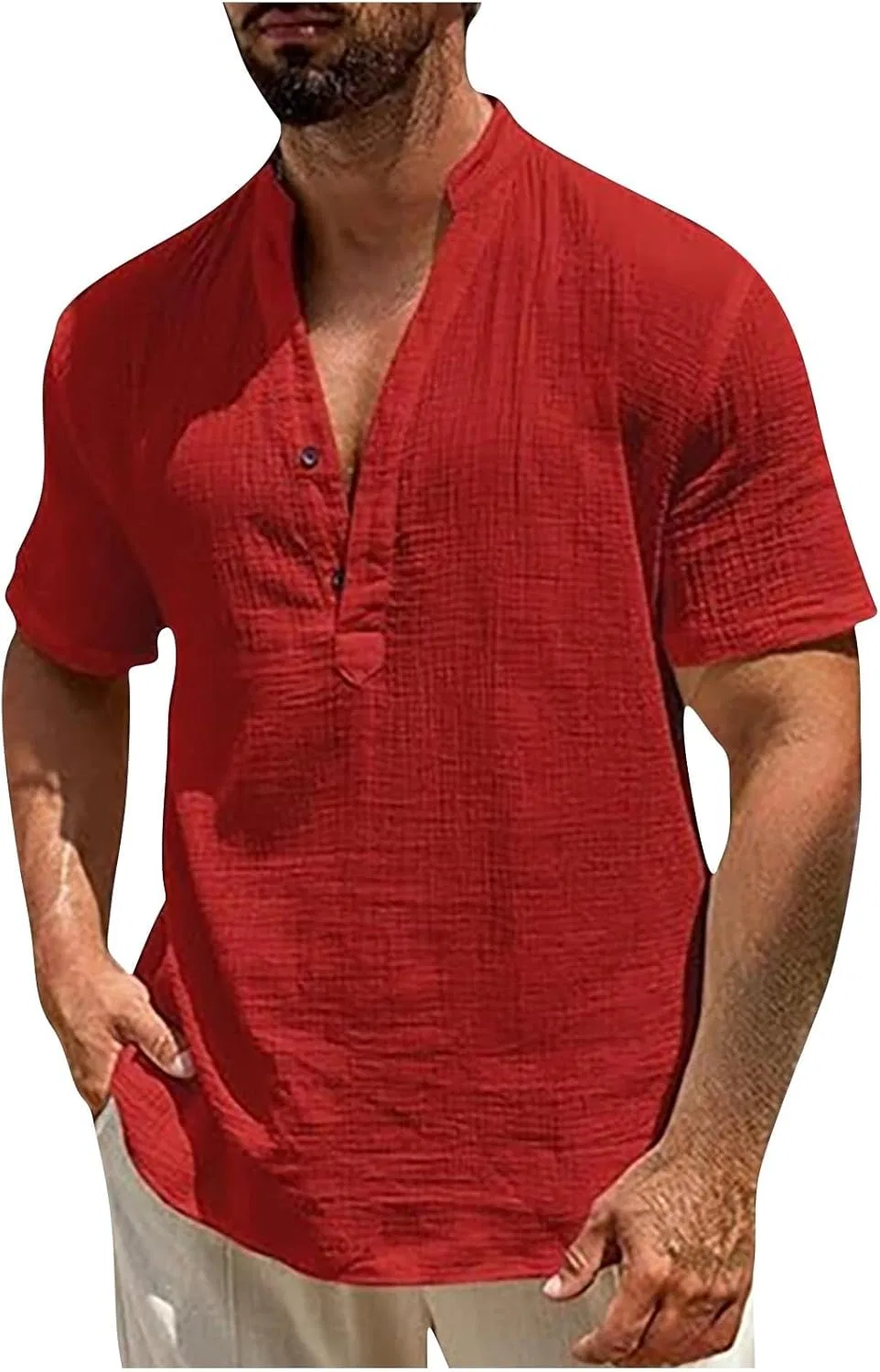 Мужская льняная рубашка хенли с коротким рукавом, Red